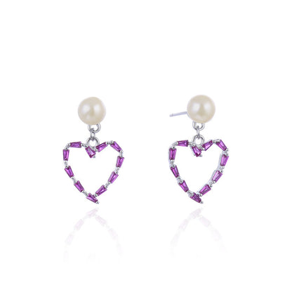 925 Sterling Silver Geometric Drop Earrings - White & Violet Zircon Korean Style Dangle Earrings with Plastic Backs