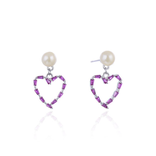 925 Sterling Silver Geometric Drop Earrings - White & Violet Zircon Korean Style Dangle Earrings with Plastic Backs
