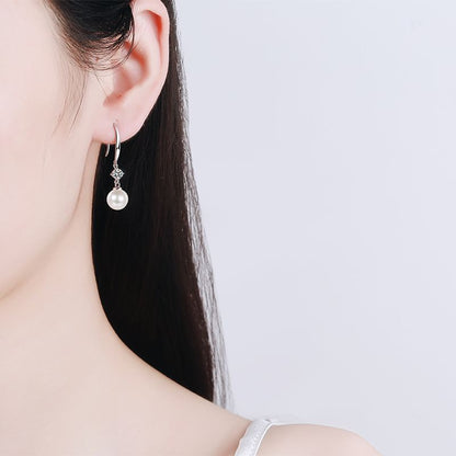 925 Sterling Silver Geometric Hook Earrings - 8mm Freshwater Pearl & 0.30ct Moissanite Accent