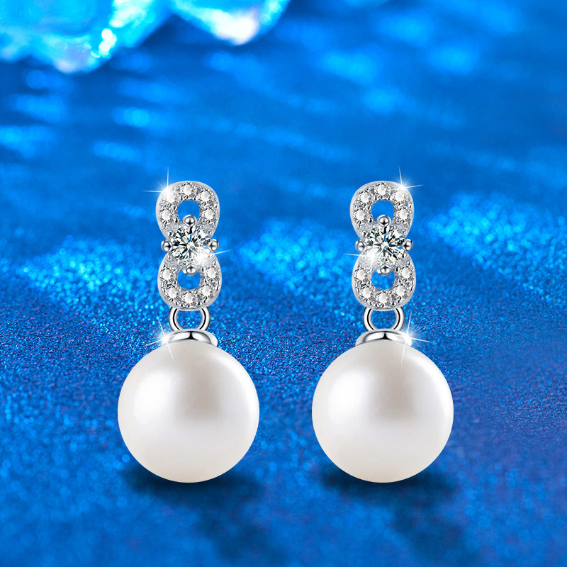 925 Sterling Silver Geometric Pearl Stud Earrings with Moissanite Accents Minimalist Numeric Design Jewelry for Women