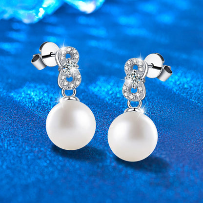 925 Sterling Silver Geometric Pearl Stud Earrings with Moissanite Accents Minimalist Numeric Design Jewelry for Women