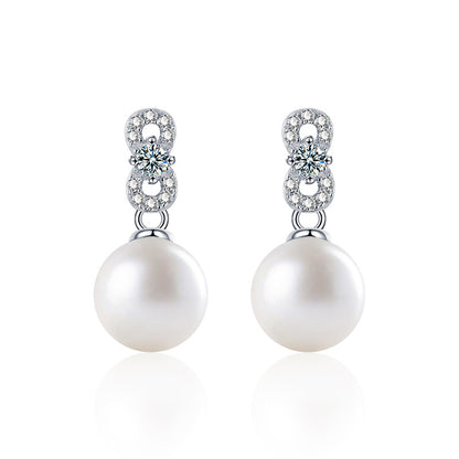 925 Sterling Silver Geometric Pearl Stud Earrings with Moissanite Accents Minimalist Numeric Design Jewelry for Women