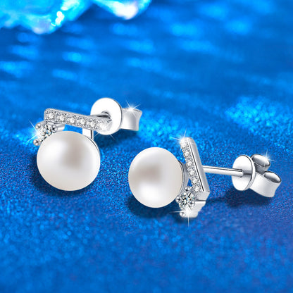 925 Sterling Silver Geometric Pearl Stud Earrings with Numeric Design Minimalist Elegant Jewelry for Women