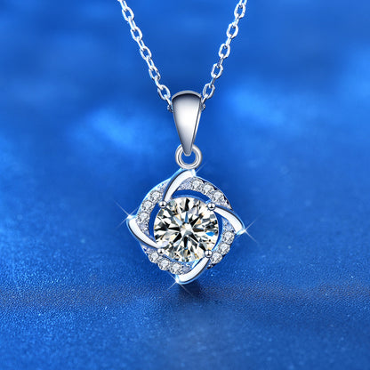 925 Sterling Silver Geometric Pendant Necklace with 1ct Moissanite (White/Yellow Gold) Cross Chain, Rhodium Plated for Women Office Elegance