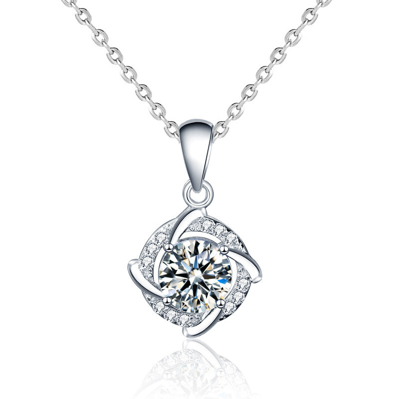 925 Sterling Silver Geometric Pendant Necklace with 1ct Moissanite (White/Yellow Gold) Cross Chain, Rhodium Plated for Women Office Elegance