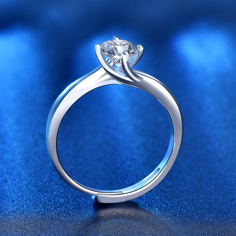 925 Sterling Silver Geometric Ring with 1ct Moissanite - White Gold Plated Adjustable Women's Band