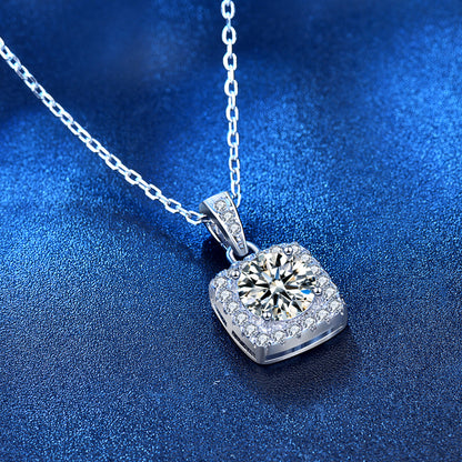 925 Sterling Silver Geometric Square Pendant Necklace with 1ct Moissanite & Cross Chain - White Gold Plated Adjustable Length