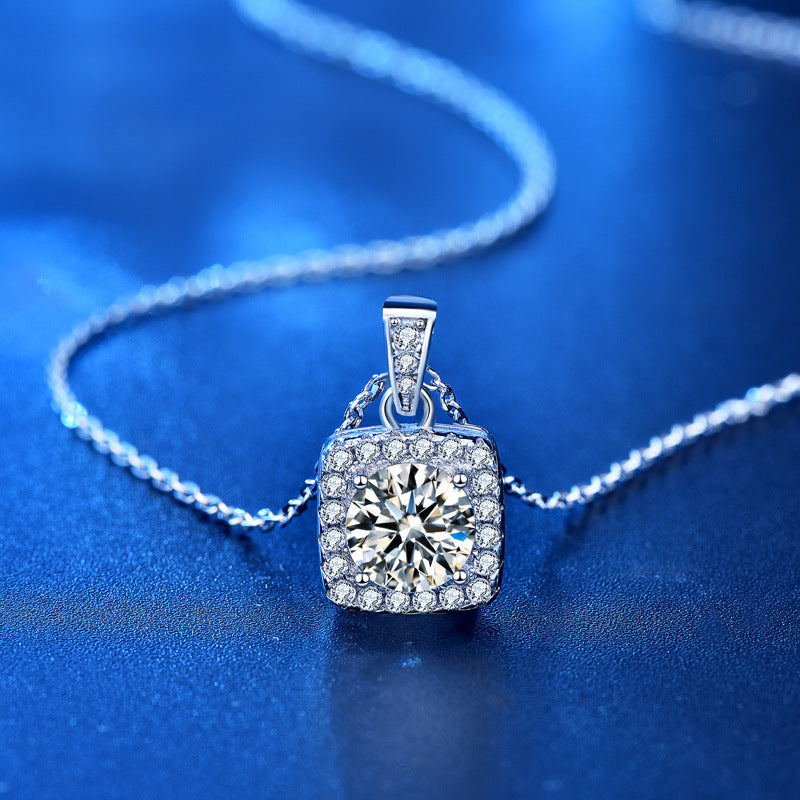 925 Sterling Silver Geometric Square Pendant Necklace with 1ct Moissanite & Cross Chain - White Gold Plated Adjustable Length