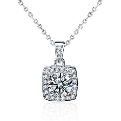 925 Sterling Silver Geometric Square Pendant Necklace with 1ct Moissanite & Cross Chain - White Gold Plated Adjustable Length