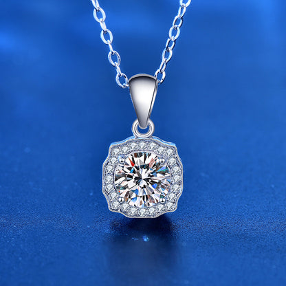 925 Sterling Silver Geometric Square Pendant Necklace with 1ct Moissanite & Cross Chain White Gold Plated Luxury Jewelry