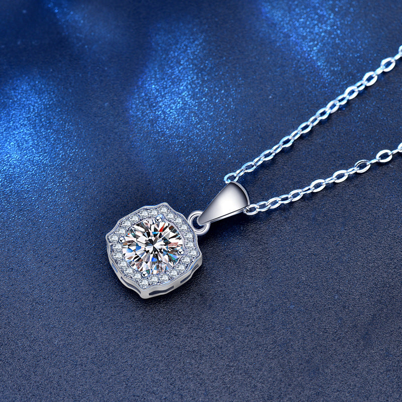 925 Sterling Silver Geometric Square Pendant Necklace with 1ct Moissanite & Cross Chain White Gold Plated Luxury Jewelry
