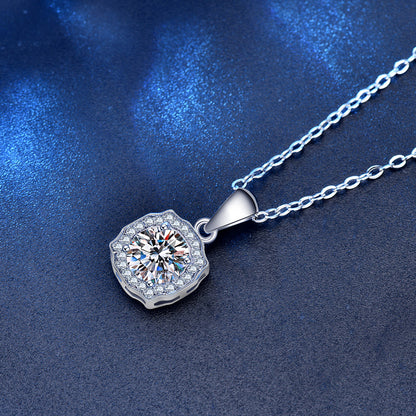 925 Sterling Silver Geometric Square Pendant Necklace with 1ct Moissanite & Cross Chain White Gold Plated Luxury Jewelry