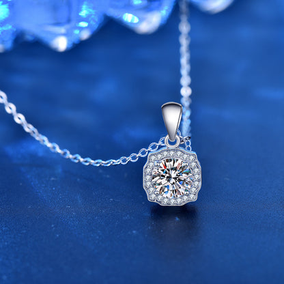 925 Sterling Silver Geometric Square Pendant Necklace with 1ct Moissanite & Cross Chain White Gold Plated Luxury Jewelry