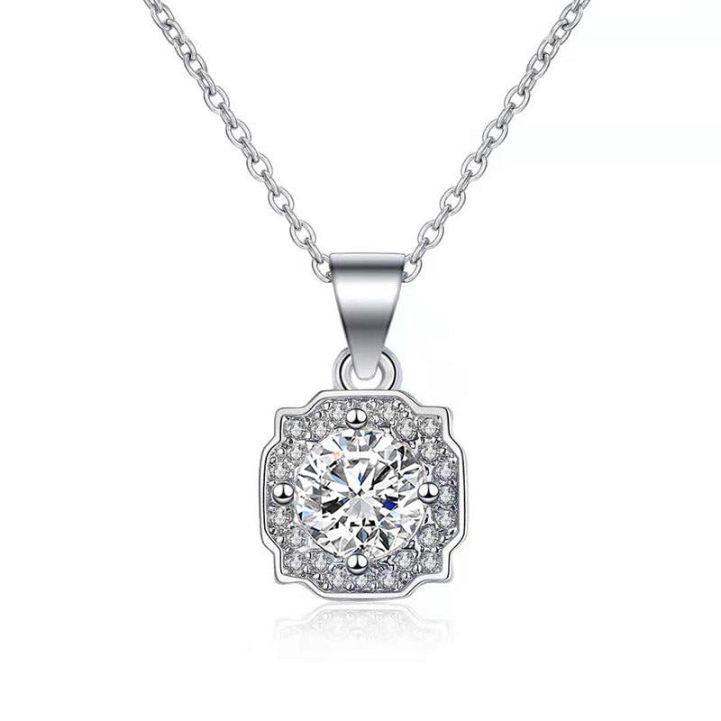 925 Sterling Silver Geometric Square Pendant Necklace with 1ct Moissanite & Cross Chain White Gold Plated Luxury Jewelry
