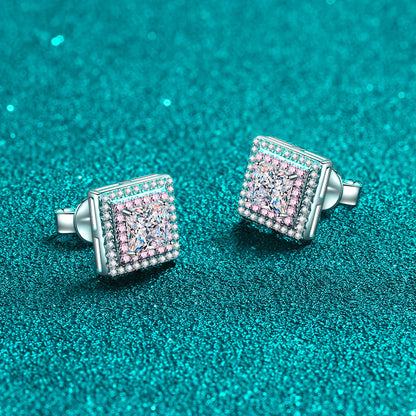 925 Sterling Silver Geometric Square Stud Earrings with Moissanite – PT950 Rose Gold Plated