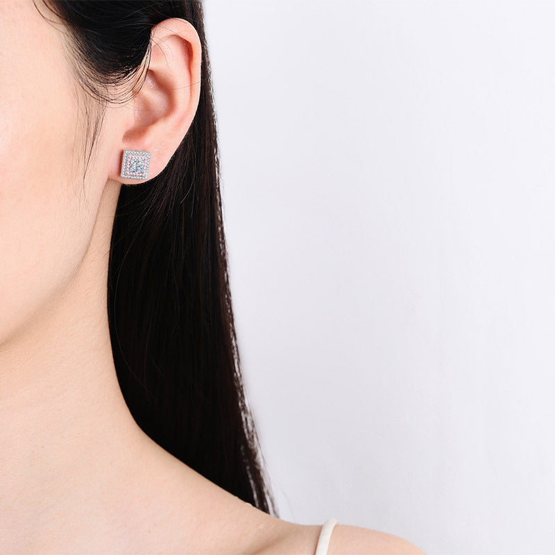 925 Sterling Silver Geometric Square Stud Earrings with Moissanite – PT950 Rose Gold Plated
