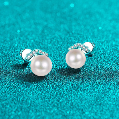 925 Sterling Silver Geometric Stud Earrings - 0.11ct Moissanite & 8-9mm Pearls with Platinum Plating