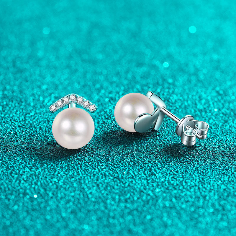 925 Sterling Silver Geometric Stud Earrings - 0.11ct Moissanite & 8-9mm Pearls with Platinum Plating