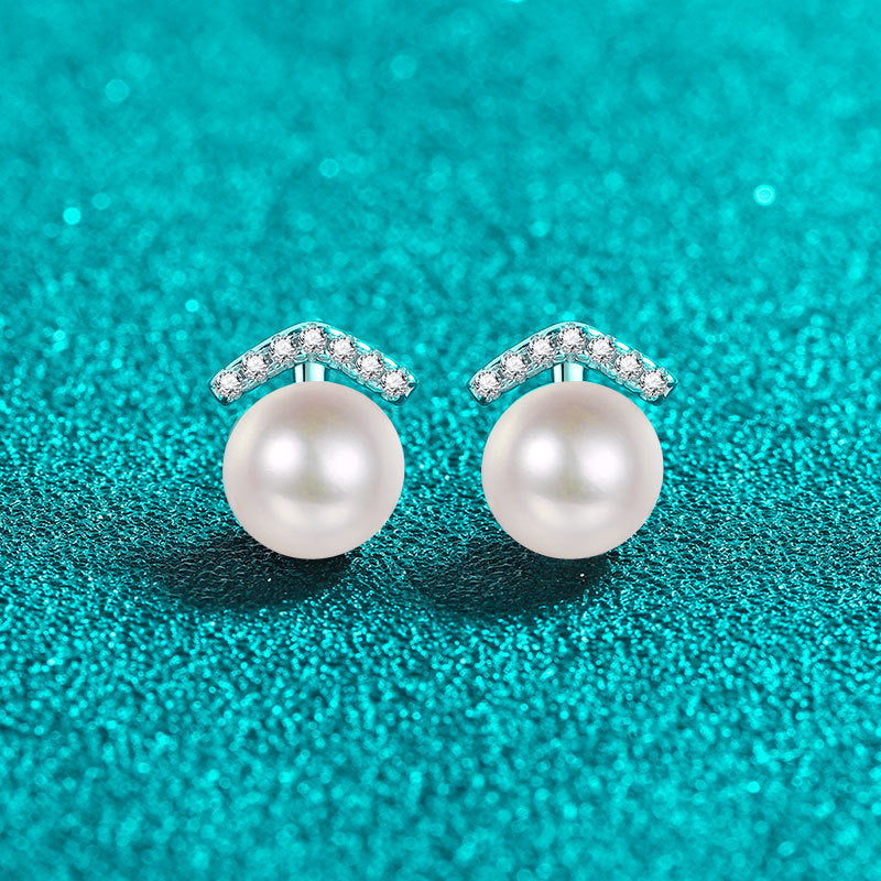 925 Sterling Silver Geometric Stud Earrings - 0.11ct Moissanite & 8-9mm Pearls with Platinum Plating