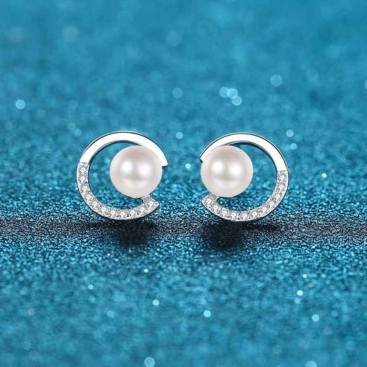 925 Sterling Silver Geometric Stud Earrings - 0.13ct Moissanite & Flawless Freshwater Pearls