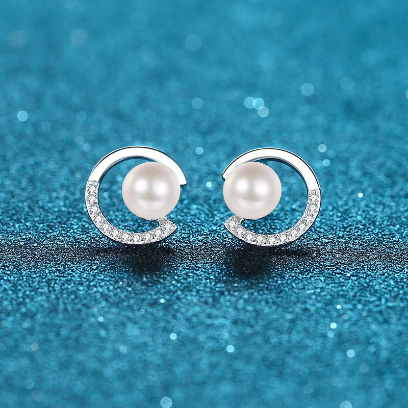 925 Sterling Silver Geometric Stud Earrings - 0.13ct Moissanite & Flawless Freshwater Pearls