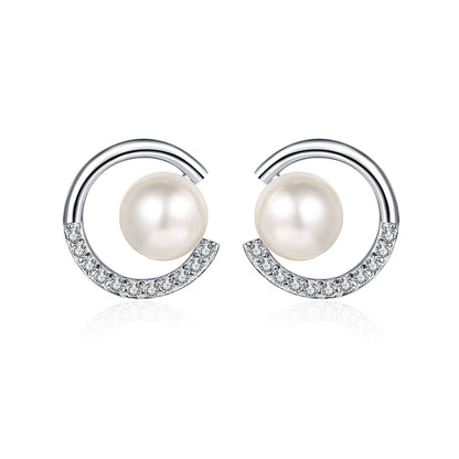 925 Sterling Silver Geometric Stud Earrings - 0.13ct Moissanite & Flawless Freshwater Pearls