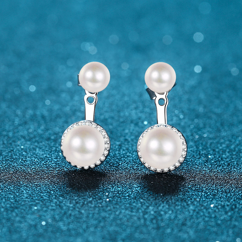 925 Sterling Silver Geometric Stud Earrings - 0.25ct Moissanite & Freshwater Pearls