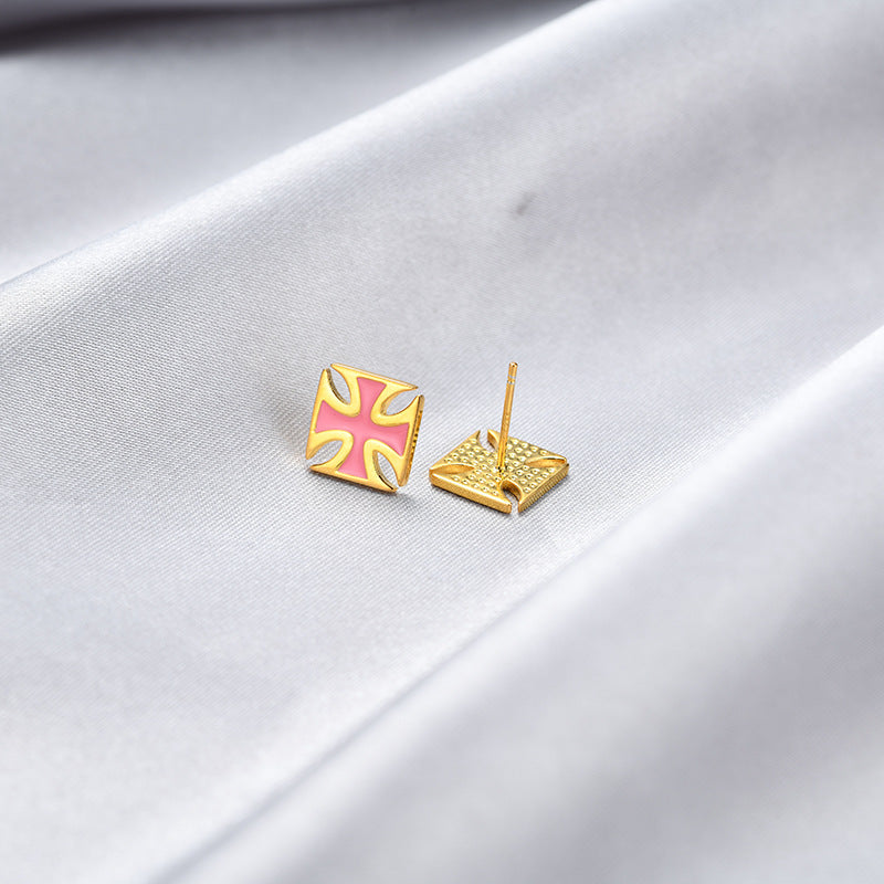 925 Sterling Silver Geometric Stud Earrings-Electroplated, Korean-Style Minimalist & Sweet, with Plastic Ear Stoppers