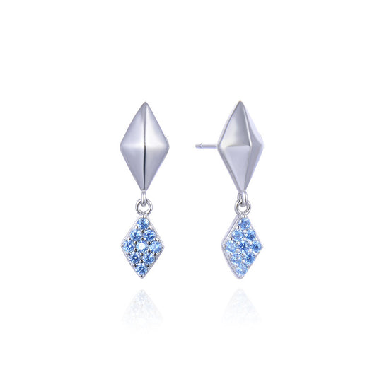 925 Sterling Silver Geometric Stud Earrings for Women-White & Blue Diamond Korean-Style Fashion Earrings with Plastic Ear Backs