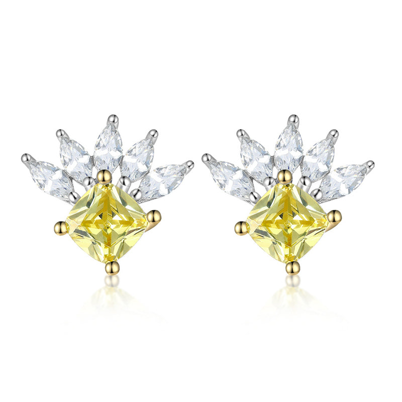 925 Sterling Silver Geometric Stud Earrings for Women Elegant Crown & Star Design, White Gold Plated 2.3g