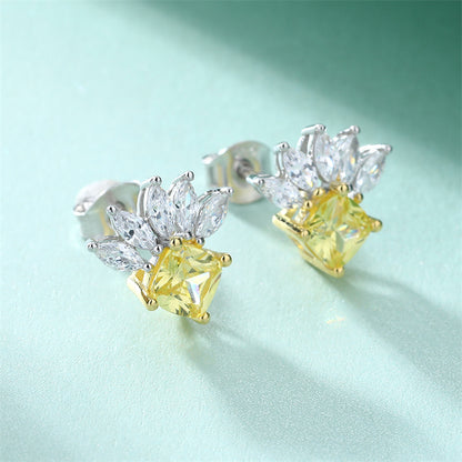 925 Sterling Silver Geometric Stud Earrings for Women Elegant Crown & Star Design, White Gold Plated 2.3g