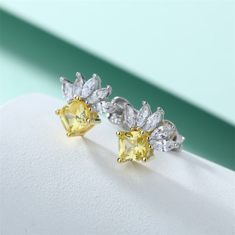 925 Sterling Silver Geometric Stud Earrings for Women Elegant Crown & Star Design, White Gold Plated 2.3g