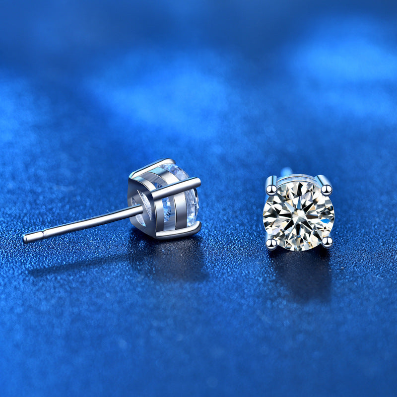 925 Sterling Silver Geometric Stud Earrings with 0.3ct/0.5ct/1ct/2ct White or Black Moissanite Hearts and Arrows Cut Micro-Paved Minimalist Design for Women