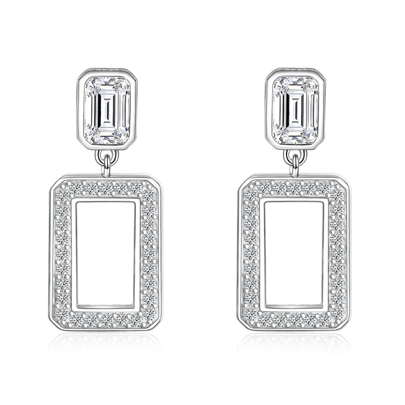 925 Sterling Silver Geometric Tassel Earrings for Women Minimalist Hollow Square Dangle Earrings, White Gold Plated 4g