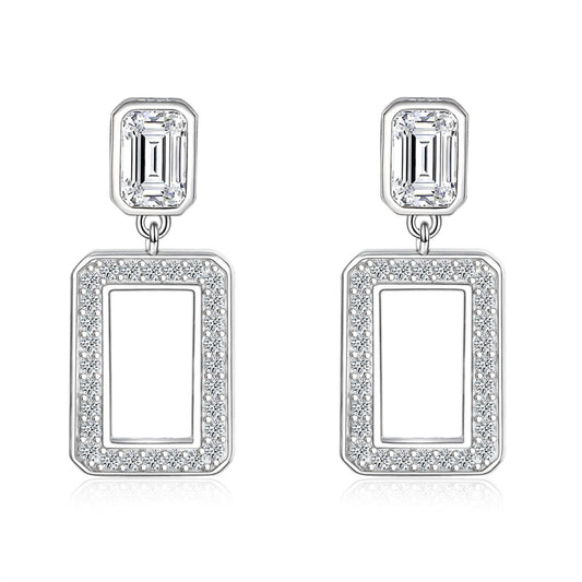 925 Sterling Silver Geometric Tassel Earrings for Women Minimalist Hollow Square Dangle Earrings, White Gold Plated 4g