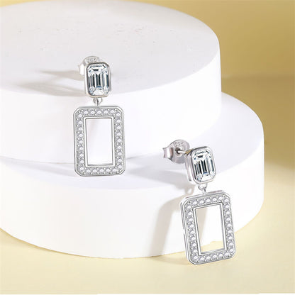 925 Sterling Silver Geometric Tassel Earrings for Women Minimalist Hollow Square Dangle Earrings, White Gold Plated 4g