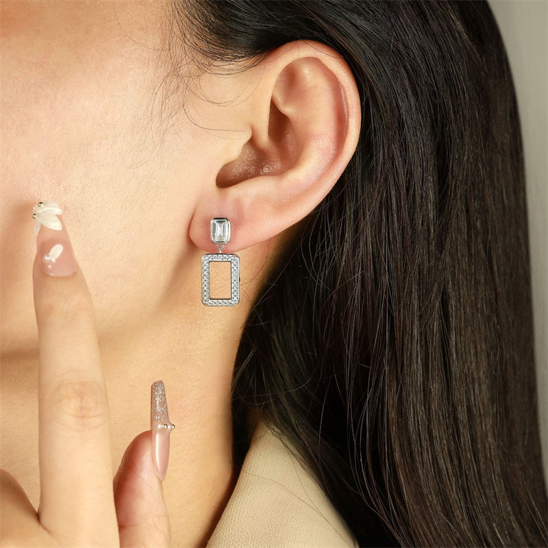 925 Sterling Silver Geometric Tassel Earrings for Women Minimalist Hollow Square Dangle Earrings, White Gold Plated 4g
