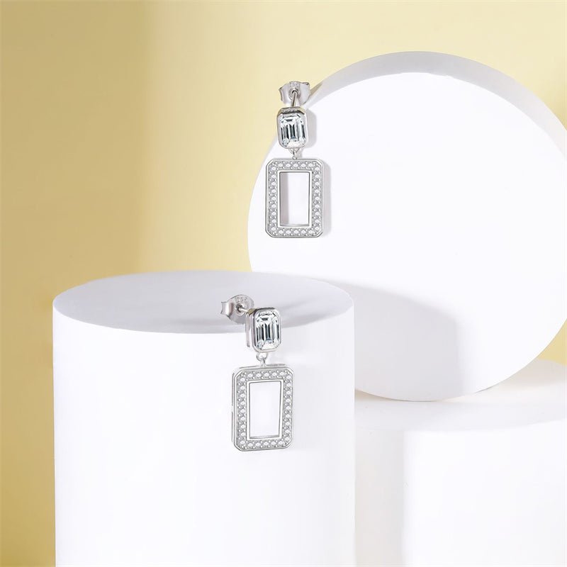 925 Sterling Silver Geometric Tassel Earrings for Women Minimalist Hollow Square Dangle Earrings, White Gold Plated 4g