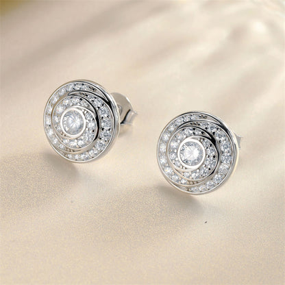 925 Sterling Silver Geometric Zircon Earrings for Women Elegant Round Stud Earrings White Gold Plated