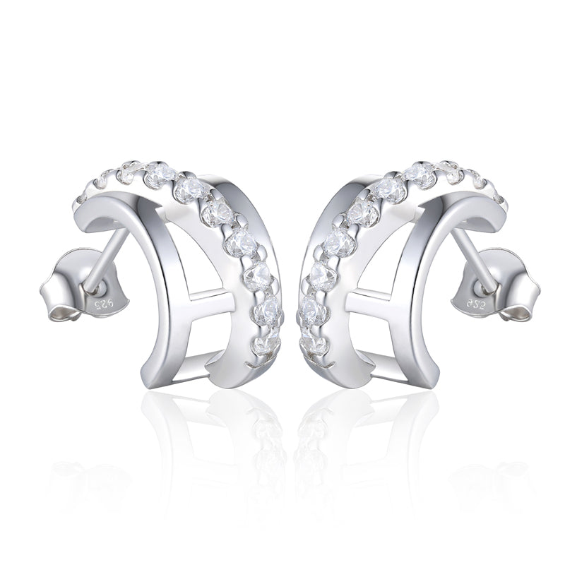 925 Sterling Silver Half Hoop Earrings for Women Elegant Geometric Semi-Circle Earrings with Zircon Accents White Gold Plated