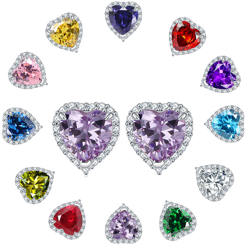 925 Sterling Silver Heart-Shaped Birthstone Stud Earrings – Elegant Zircon Jewelry Collection