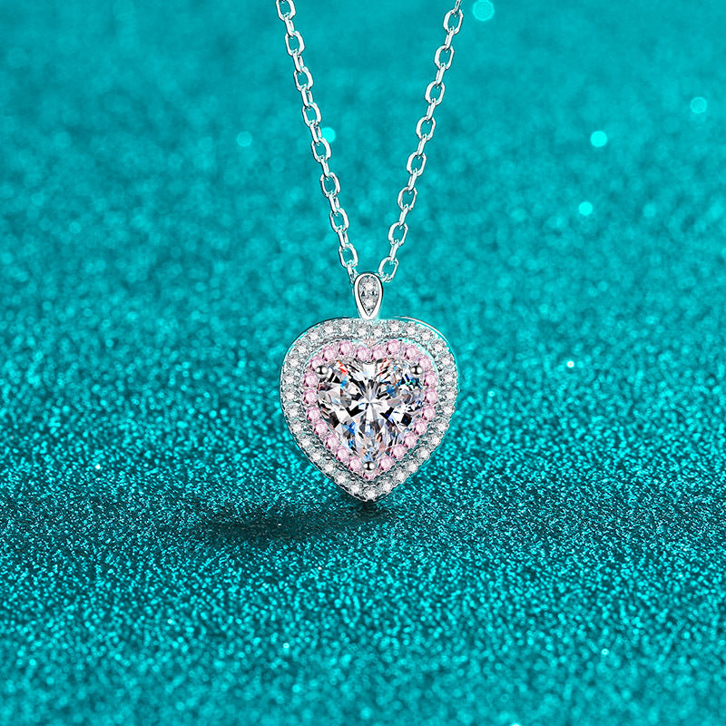 925 Sterling Silver Heart-Shaped Pendant Necklace - 1CT Moissanite PT950 Rose Gold Plated Chain