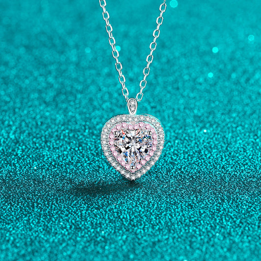 925 Sterling Silver Heart-Shaped Pendant Necklace - 1CT Moissanite PT950 Rose Gold Plated Chain