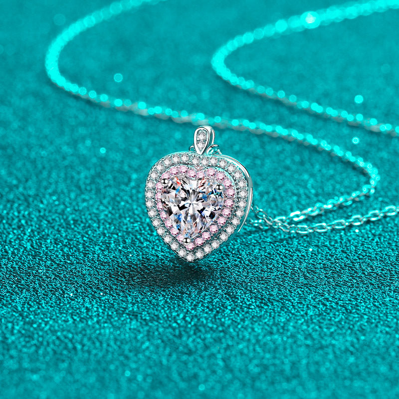 925 Sterling Silver Heart-Shaped Pendant Necklace - 1CT Moissanite PT950 Rose Gold Plated Chain