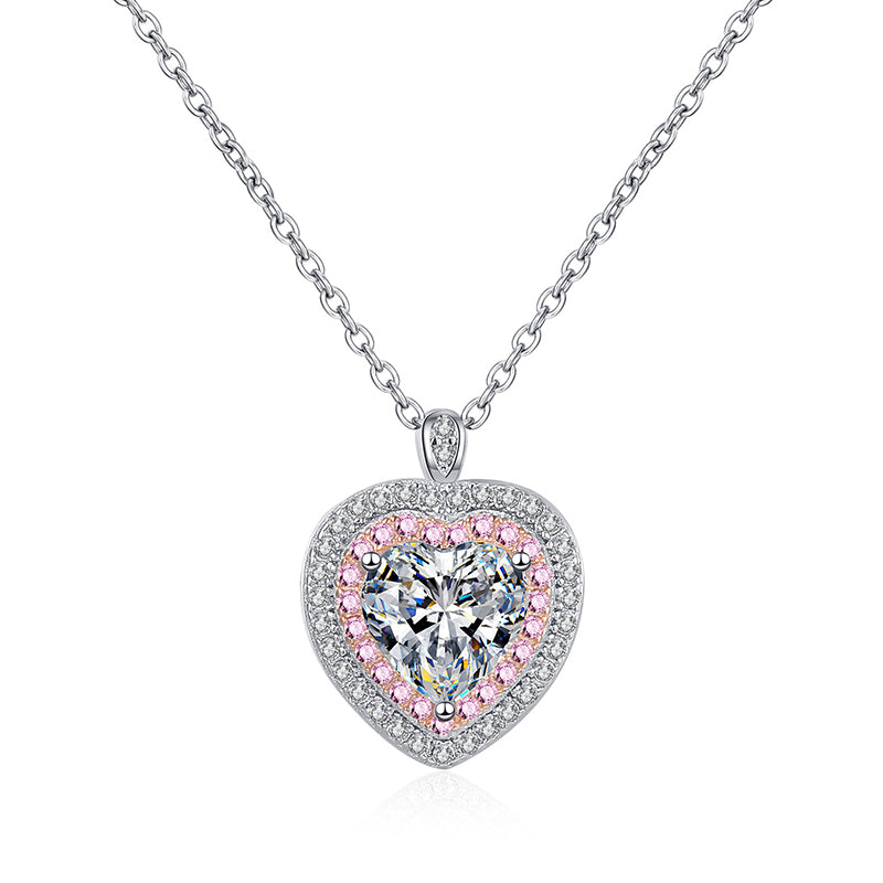 925 Sterling Silver Heart-Shaped Pendant Necklace - 1CT Moissanite PT950 Rose Gold Plated Chain
