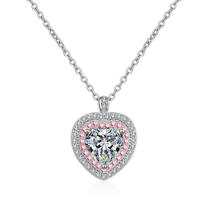 925 Sterling Silver Heart-Shaped Pendant Necklace - 1CT Moissanite PT950 Rose Gold Plated Chain