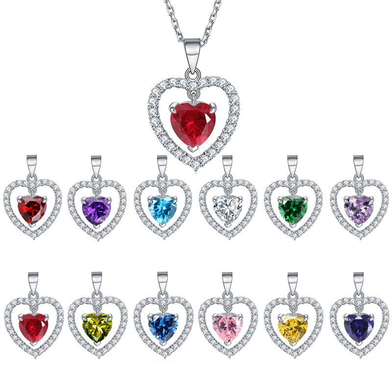 925 Sterling Silver Heart Birthstone Necklace - Romantic Ruby Zircon Pendant