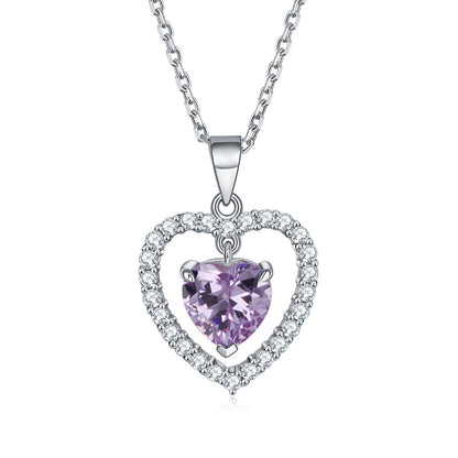 925 Sterling Silver Heart Birthstone Necklace - Romantic Ruby Zircon Pendant