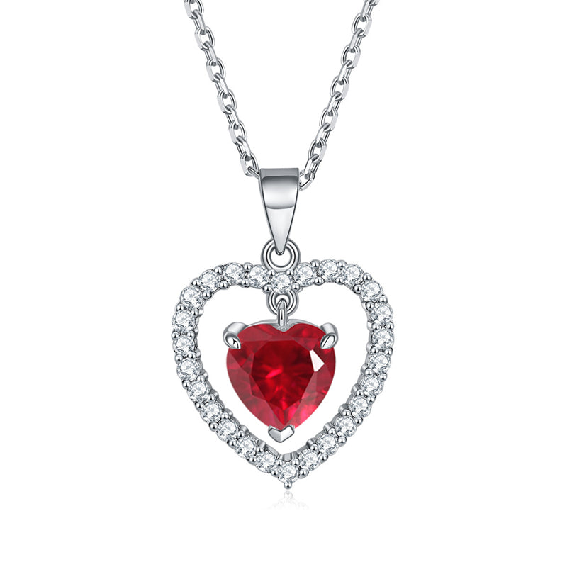 925 Sterling Silver Heart Birthstone Necklace - Romantic Ruby Zircon Pendant