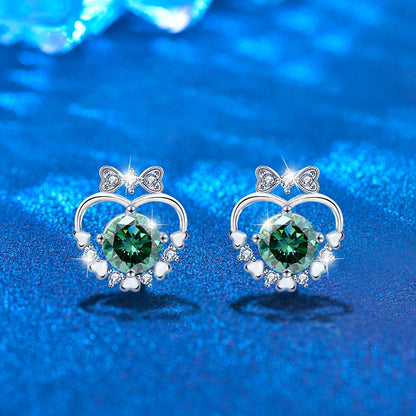 925 Sterling Silver Heart Bow Stud Earrings with 0.5ct White/Green Moissanite Rhodium Plated Minimalist Jewelry for Women